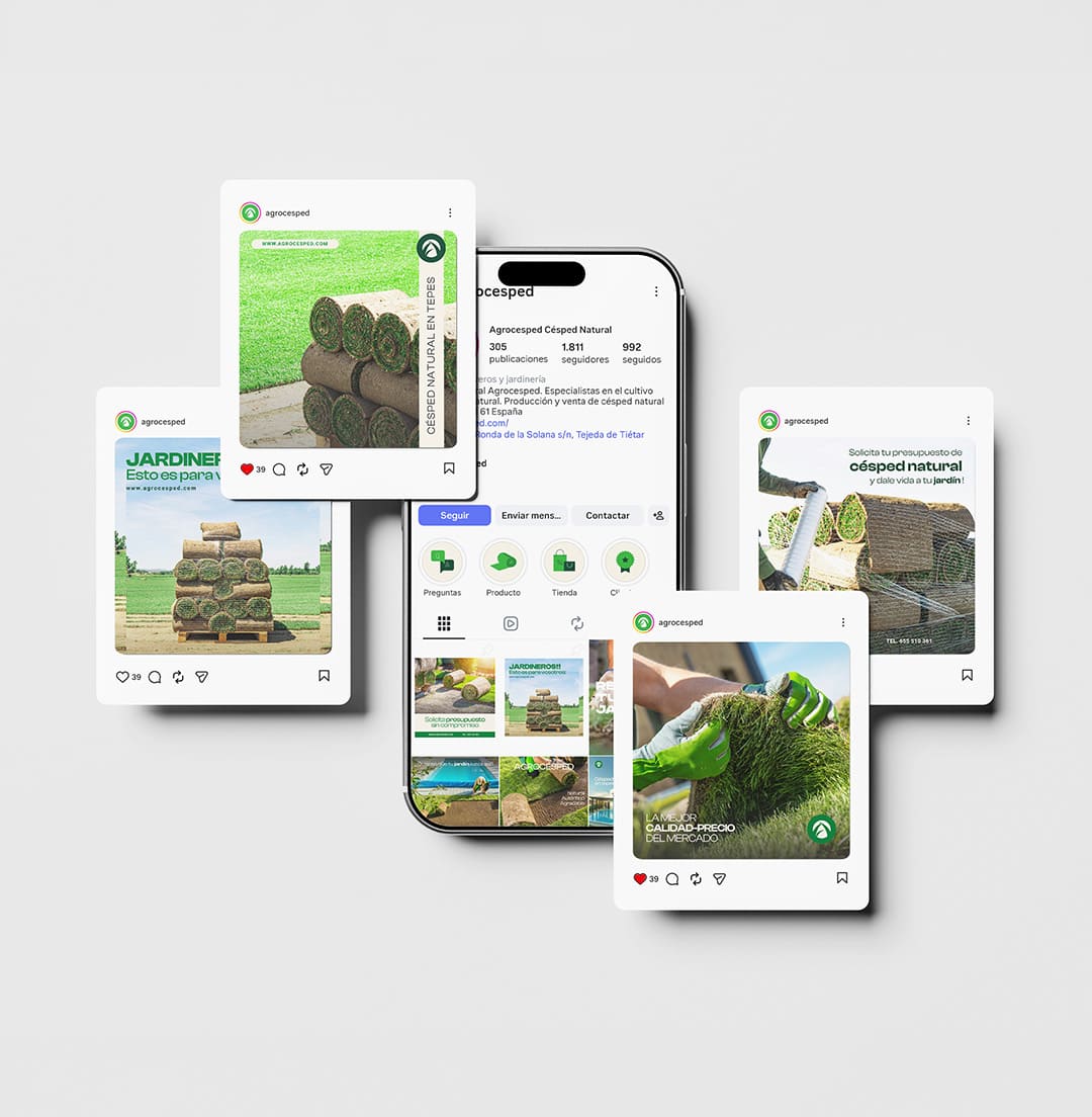 gestión de redes sociales realizada para Agrocésped, empresa líder en la venta y producción de césped natural, Diseño de cartelería y grabación de vídeos virales incluido.